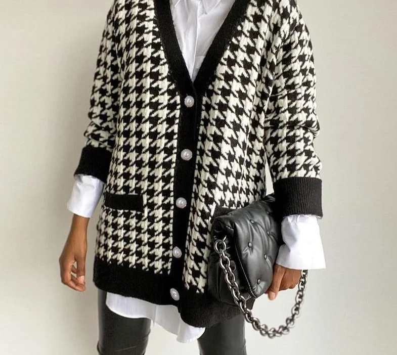 Women Loose Sweater | Oversized Button Down Knitted Sweater | Casual V Neck Long Sleeve Sweater | Houndstooth Cardigan Sweater Outwear Coat Sporty Hoodie Sweatshirt