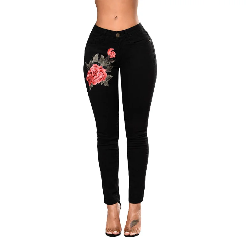 Women Flower Embroidered Jeans High Waist Butt Lift Hip Fashion Skinny (Black)