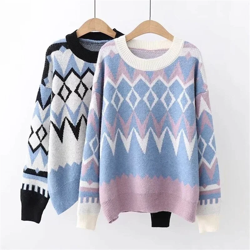 Geometric Patterns Sweater | Women Christmas sweater | Long Sleeve Crew Neck Knit Pullover Sweater | Striped Sweater | Multicolor Sweater Zip-up Hoodie for Women