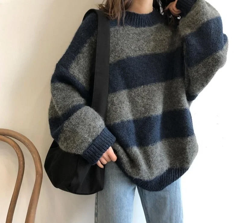 Striped Hand Knitted Sweater | Striped knitted sweater | Women Loose Pullover Sweater | Oversize Knitted Sweater | Casual Women girl Sweater Plush Hoodie Sweatshirt