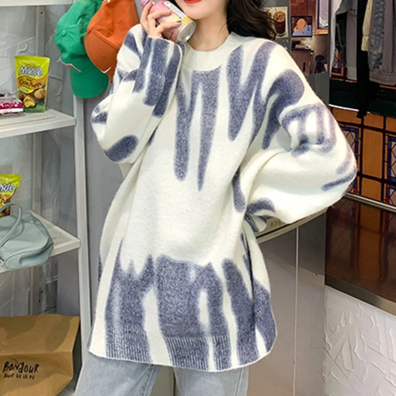 Tie-dye knitted Printed Sweaters | Green Striped Oversized Pullovers | Loose Long Sweaters | Crew Neck Striped Sweater | Streetwear Sweater Soft Sweatshirts with Logo