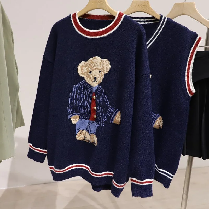 Teddy Bear Sweater Vest | Casual V Neck Sweater | Women Knitted Sweater | Korean Style Sweater | Girl Winter Sweater | Cartoon Vest Pullover Comfy Sweatshirts for Women