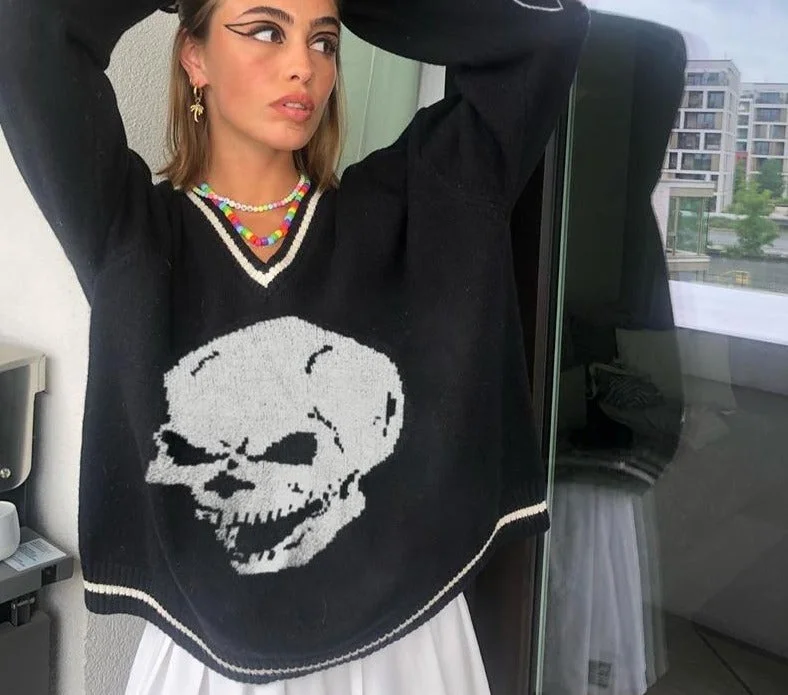 Skull Printed Knitted Sweater | Loose Women Sweater | V-Neck Knitted Pullover Sweater | Y2K Skull Printed Sweater | Streetwear Sweater Gift Fashionable Sweatshirts for Women