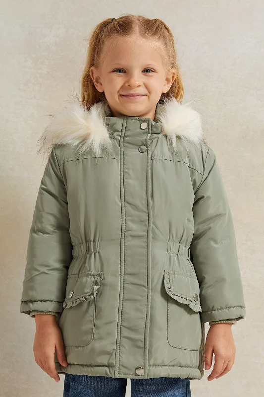 Girls Green Long Jacket Sherpa Hooded Women's spring jackets