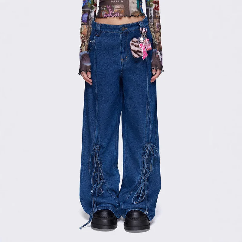 Retro Leg Lace up Decoration Loose Idle Wide Leg Straight Denim Trousers Women