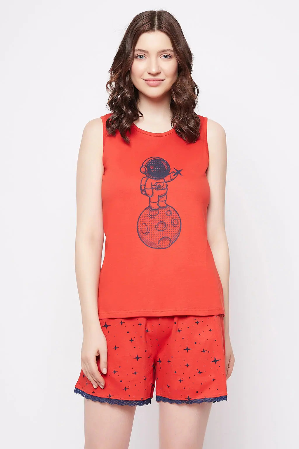 Astronaut & Moon Print Top & Shorts Set in Red - 100% Cotton Cozy pajama sets