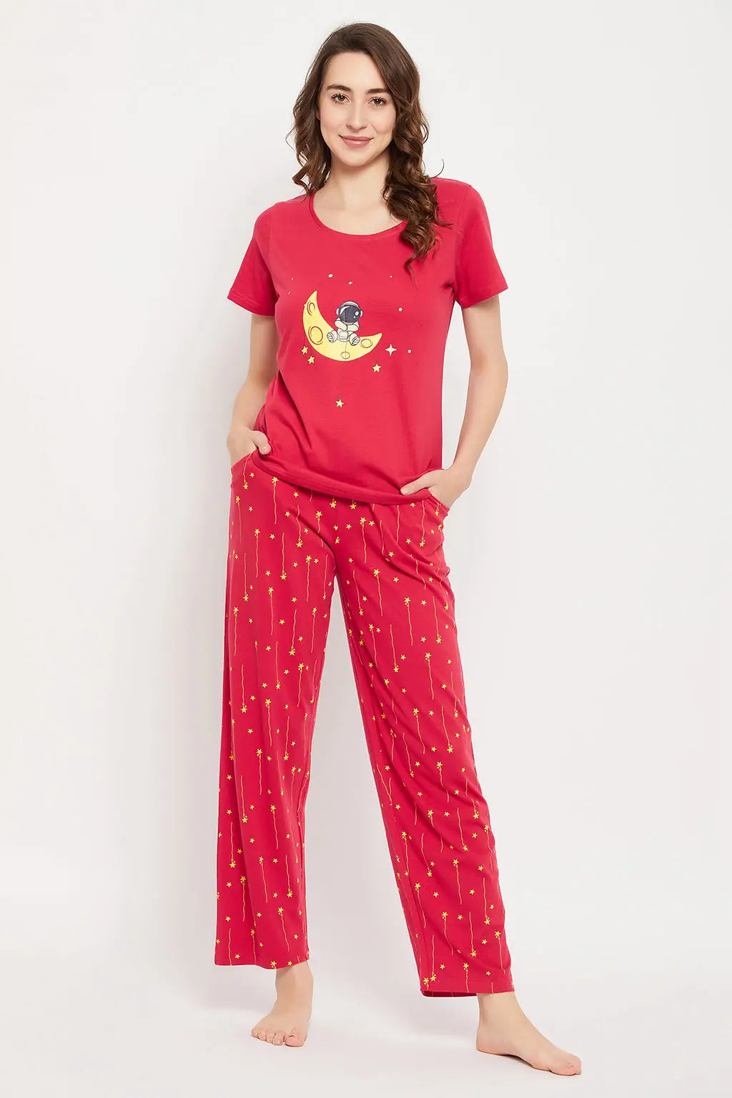 Astronaut & Star Print Top & Pyjama Set in Red - 100% Cotton Spa pajama sets