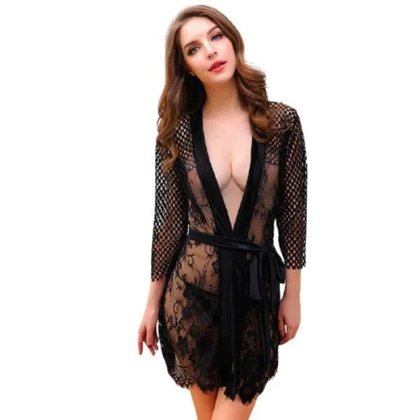 Beautiful Nightgown and Robes Full Front Open  Nighty for Women Transparent Black Nighty Spring pajama sets