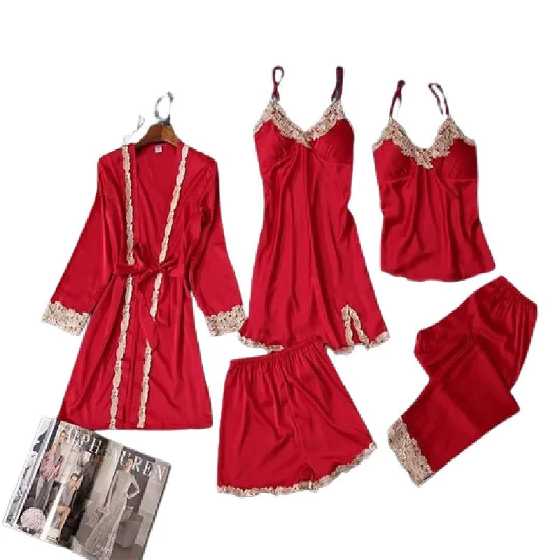 Bridal Nighty Set  Women Lace Silk Print Set Sleepwear 5Pcs Nightwear Set for Women Sleeveless pajama sets