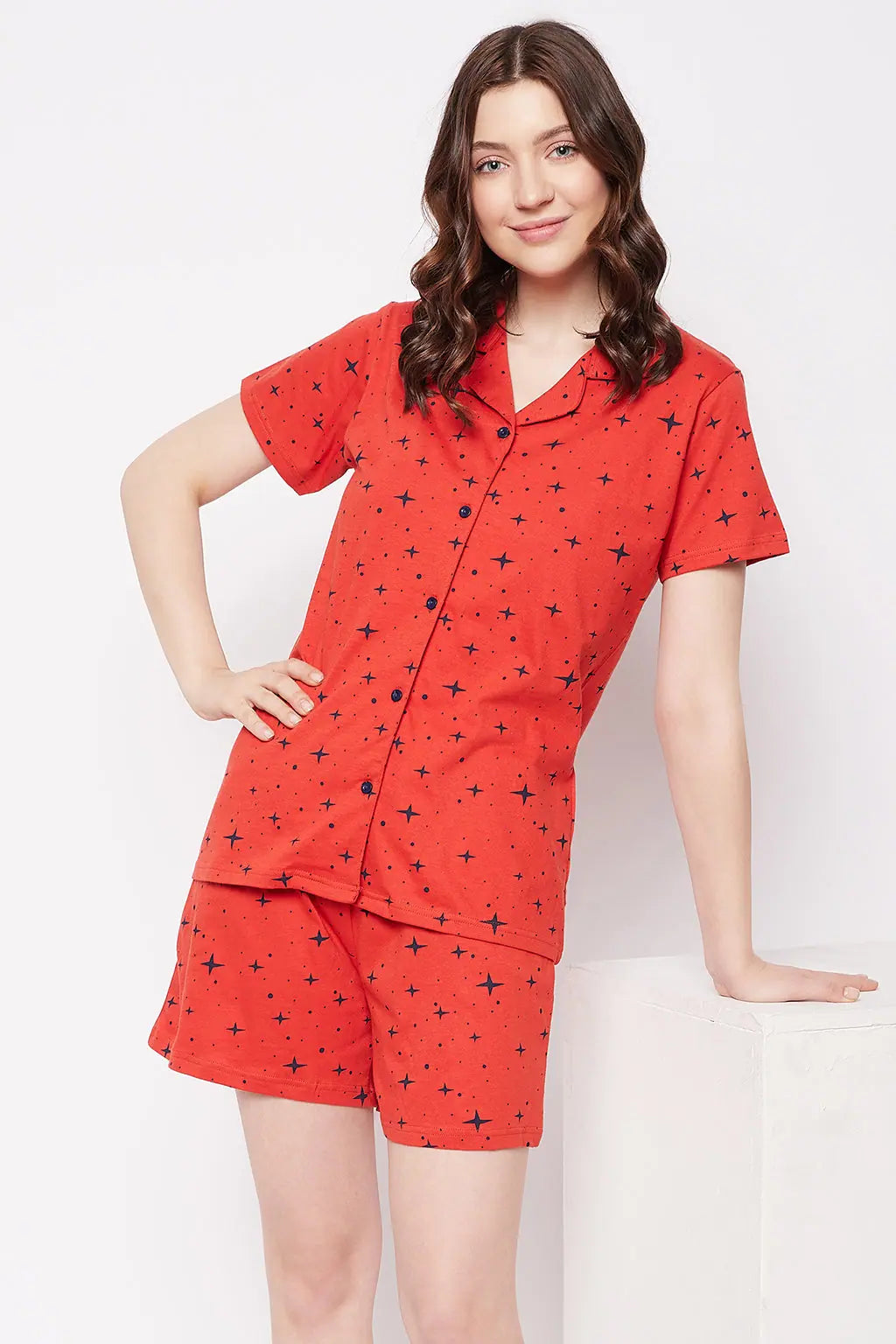 Cosmos Print Button Down Shirt & Shorts Set in Red - 100% Cotton Cotton pajama sets