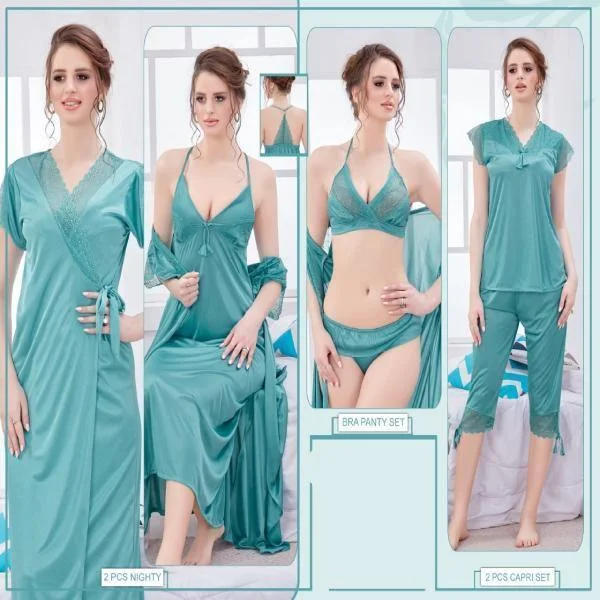 Fancy 6PC Original Indian Silk Bridal Nighty Set For Women Plus size pajama sets