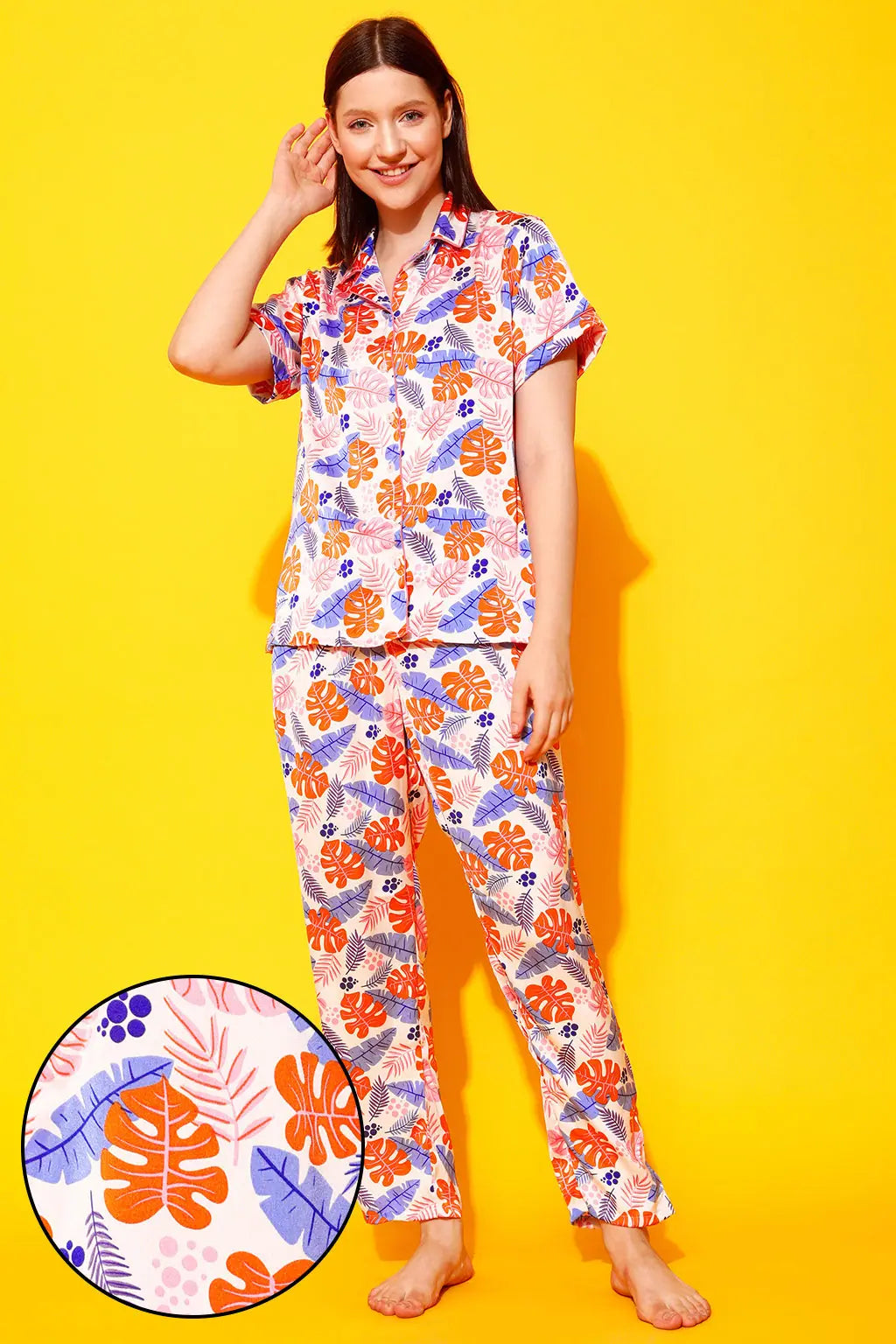 Leaf Print Button Down Shirt & Pyjama Set in Multicolour - Satin Pajama sets with pockets