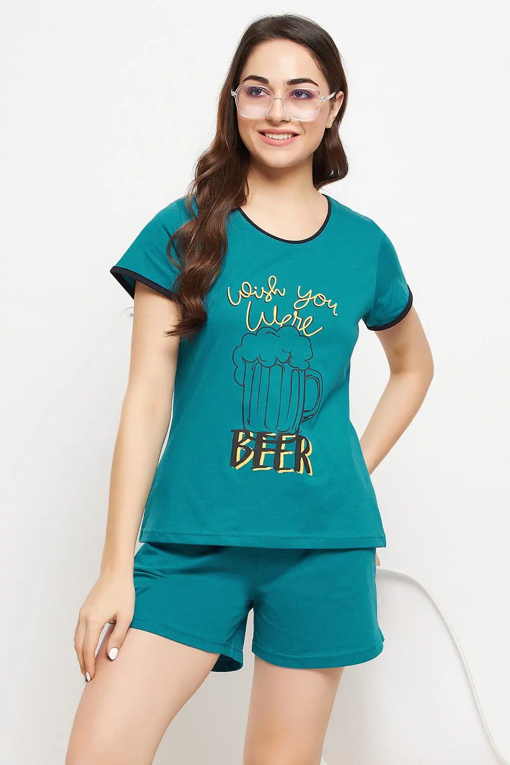 Quirky Quotes Top & Chic Basic Shorts Set in Teal Green - 100% Cotton Hoodie pajama sets