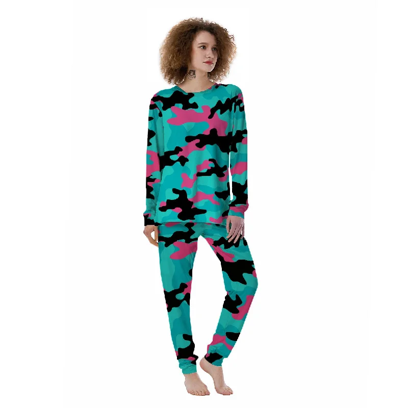 Teal Pink And Black Camouflage Print Women's Pajamas Funny graphic pajama sets