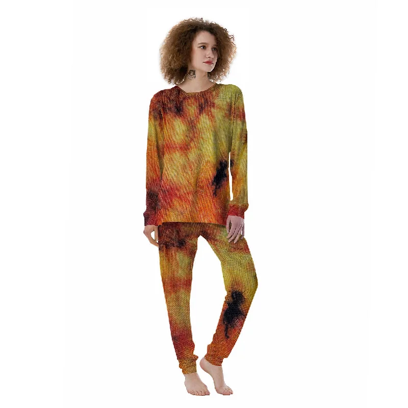 Tie Dye Red Yellow And Orange Print Women's Pajamas Linen pajama sets