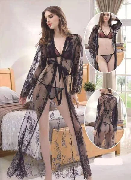 Transparent Black Nighty Bridal Nighty Set 3 Pcs Long Transparent Nighty With Bra Set Movie night pajama sets