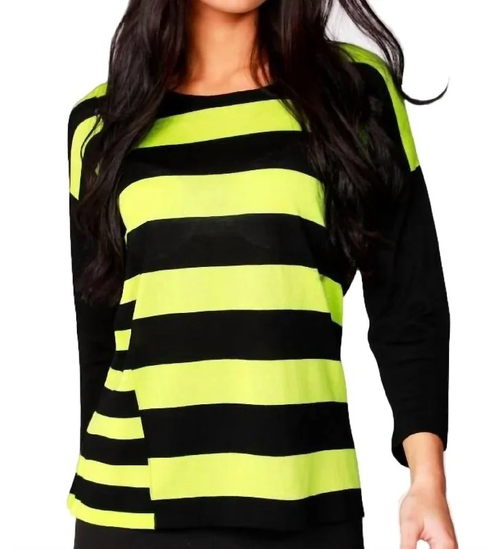 3/4 Sleeve Stripe Scoop Neck Sweater In Black/kiwi Office sweaters