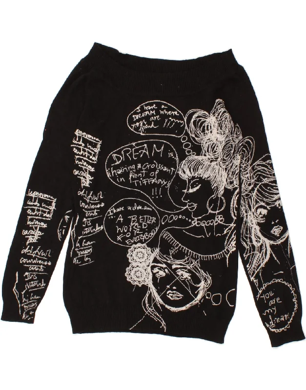 DESIGUAL Womens Graphic Boat Neck Jumper Sweater UK 18 XL Black V-neck sweaters