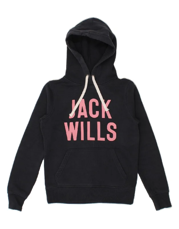 JACK WILLS Womens Graphic Hoodie Jumper UK 6 XS  Navy Blue Cotton Water-resistant sweaters