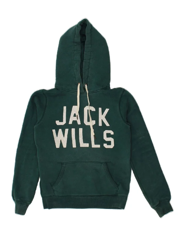 JACK WILLS Womens Graphic Hoodie Jumper UK 8 Small  Green Cotton Party sweaters