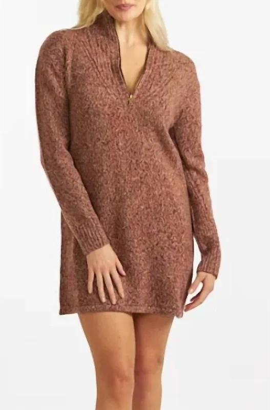 Marled Wool Cashmere Half Zip Sweater Dress in Brown Boho-style sweaters