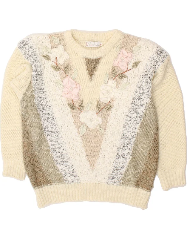 VINTAGE Womens Crew Neck Jumper Sweater UK 18 XL Beige Floral Polyacrylic Best sweaters for layering