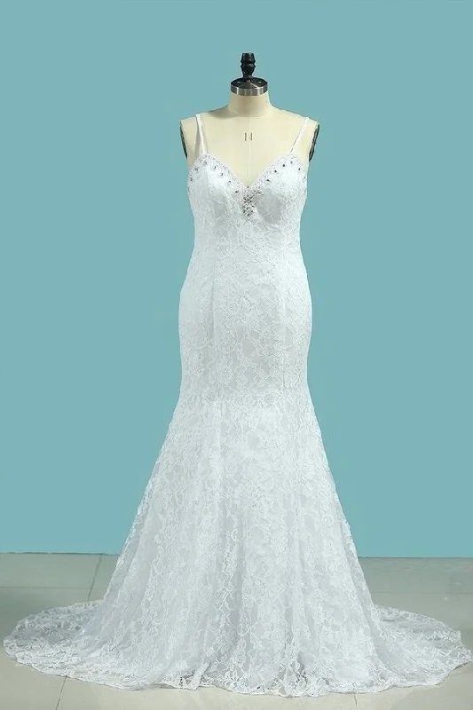 2024 Mermaid Spaghetti Straps Wedding Dresses Open Back Lace PHS9E3Z7 Classic Bridal Gown