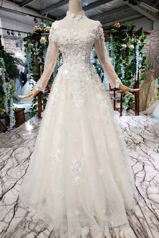 A Line High Neck Wedding Dress With Flowers, Long Sleeves Bridal Dress N1650 Mermaid Wedding Gown