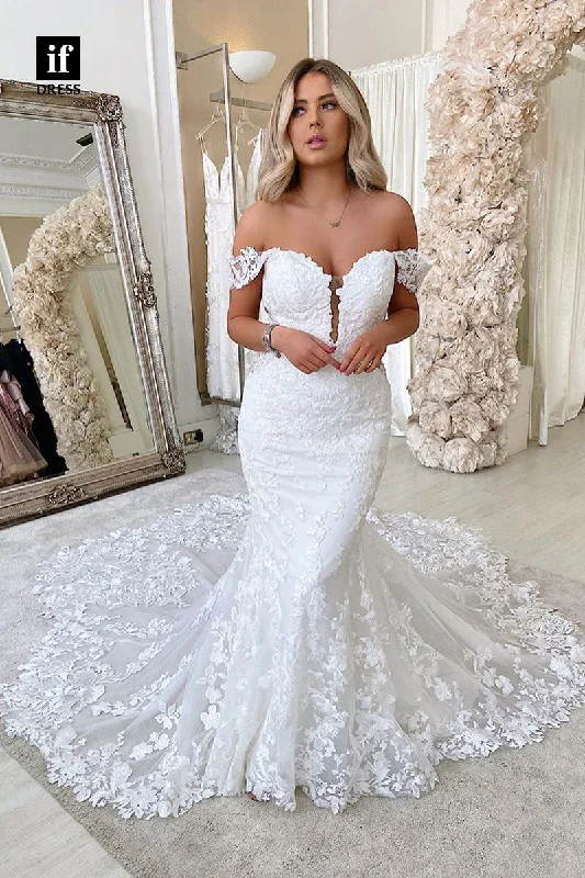 31536 - Luxurious Cap Sleeves Off-Shoulder Appliques Tulle Wedding Dress Romantic Satin Dress