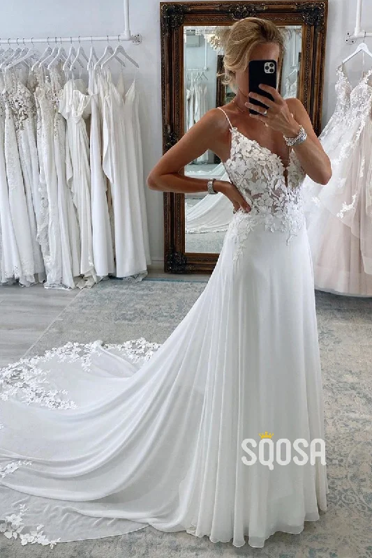 Plunging V-Neck Lace Appliques Bohemian Wedding Dress QW2627 Modern Bridal Gown