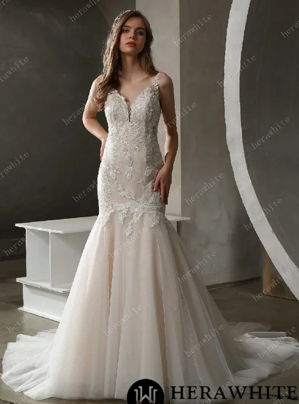 Plunging V-Neck Mermaid Wedding Dress with Illusion Square Back Long Sleeve Gown