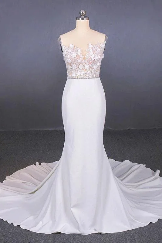 Sheer Neck Mermaid Long Wedding Dress With Appliques, Long Bridal Dress N2304 Short Wedding Gown