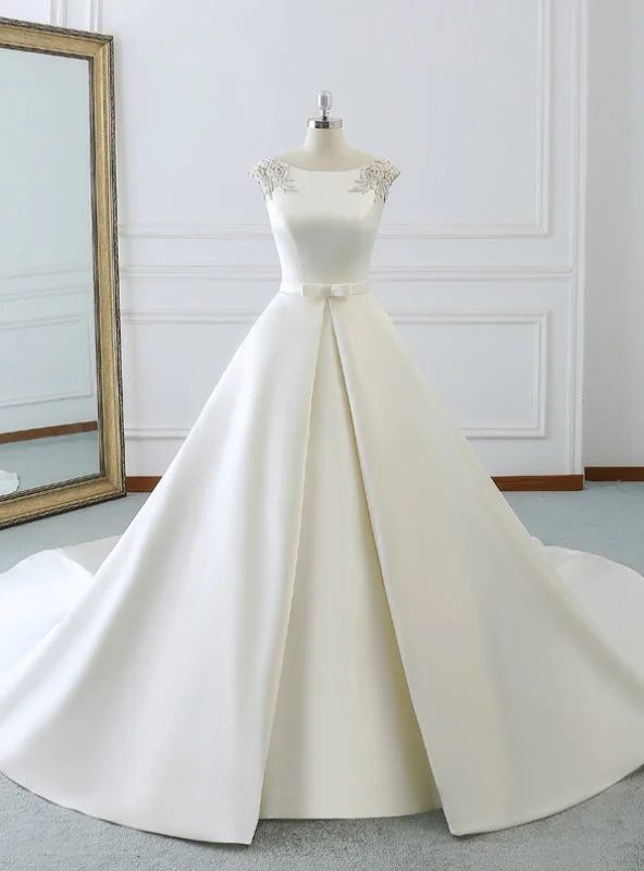 White Satin Cap Sleeve Backless Wedding Dress With Pearls Soft Wedding Gown