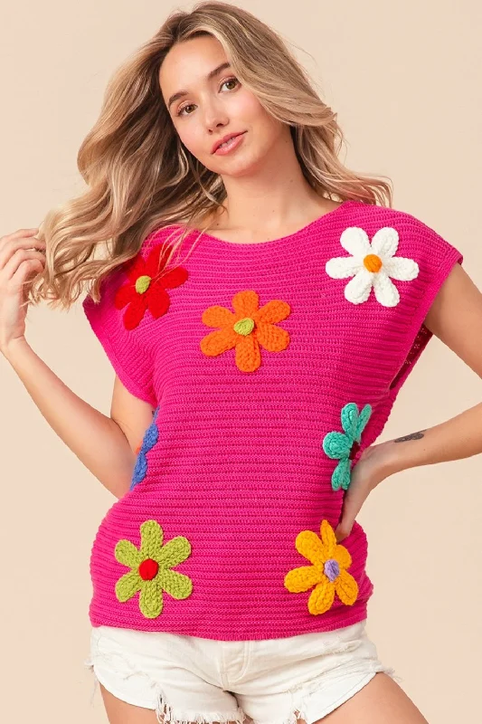 BiBi Flower Round Neck Cap Sleeve Knit Top Elegant unclassified skirts