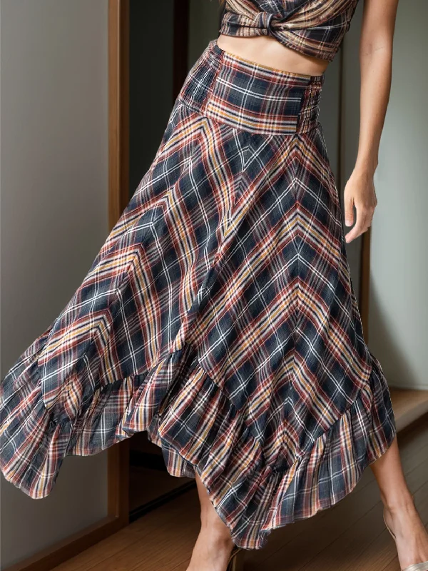 Plaid Asymmetrical Ruffle Hem Skirt Denim unclassified skirts