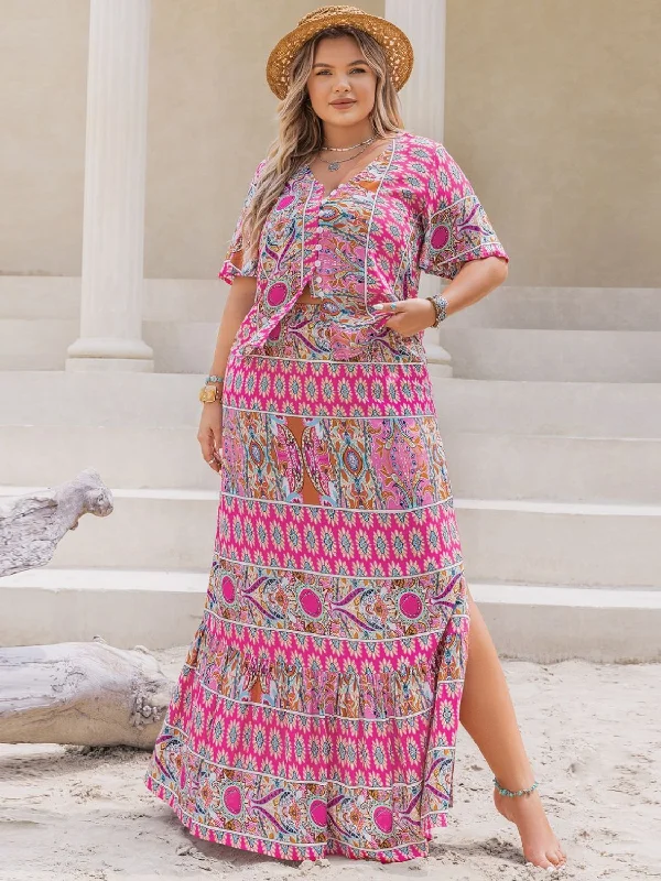 Plus Size Printed V-Neck Half Sleeve Top and Skirt Set Embroidered unclassified skirts