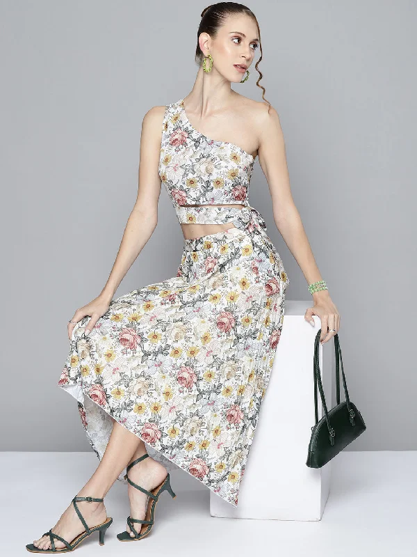 Women Off White Floral Asymmetric Pleated Skirt Wedding guest unclassified skirts