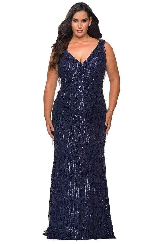 La Femme - 28946SC Sequined Deep V-neck Long Gown - 1 pc Navy in Size 14W Available Summer party dresses