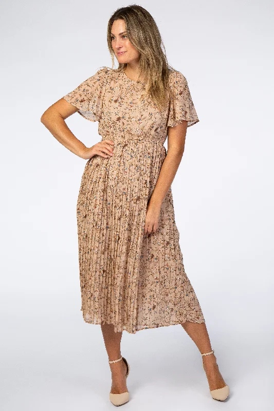 Beige Floral Pleated Chiffon Midi Dress Date night midi dresses