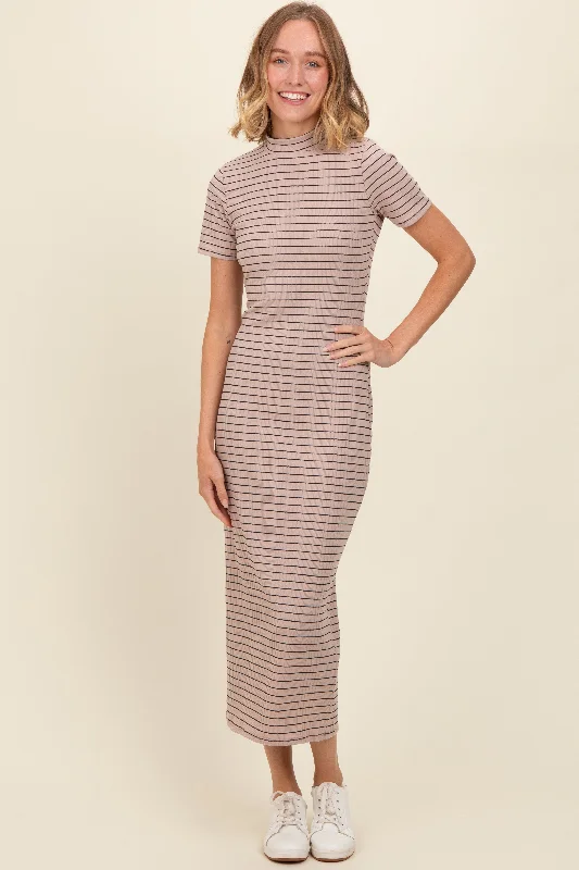 Beige Striped Mock Neck Fitted Midi Dress Best midi dresses for casual wear