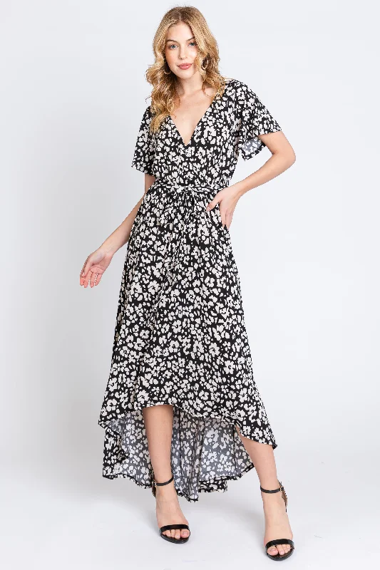 Black Animal Print Wrap Front V-Neck Hi-Low Midi Dress Denim midi dresses