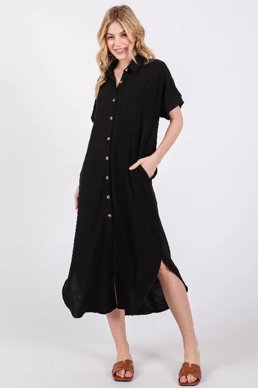 Black Button Down Front Pocket Midi Dress A-line midi dresses