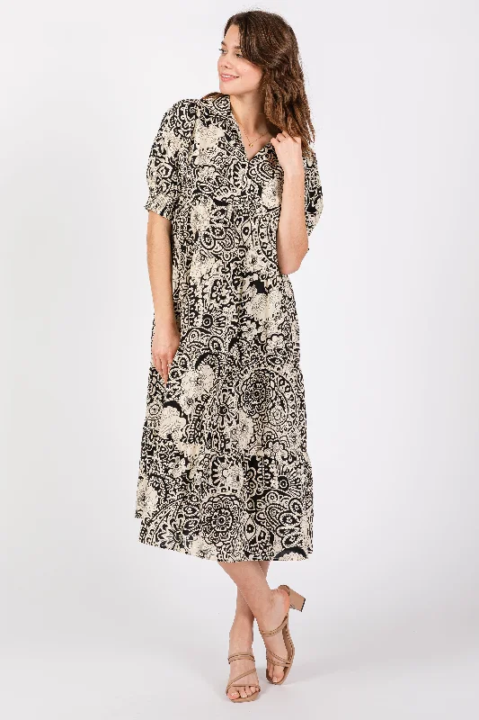 Black Floral Collared Tiered Midi Dress Office midi dresses