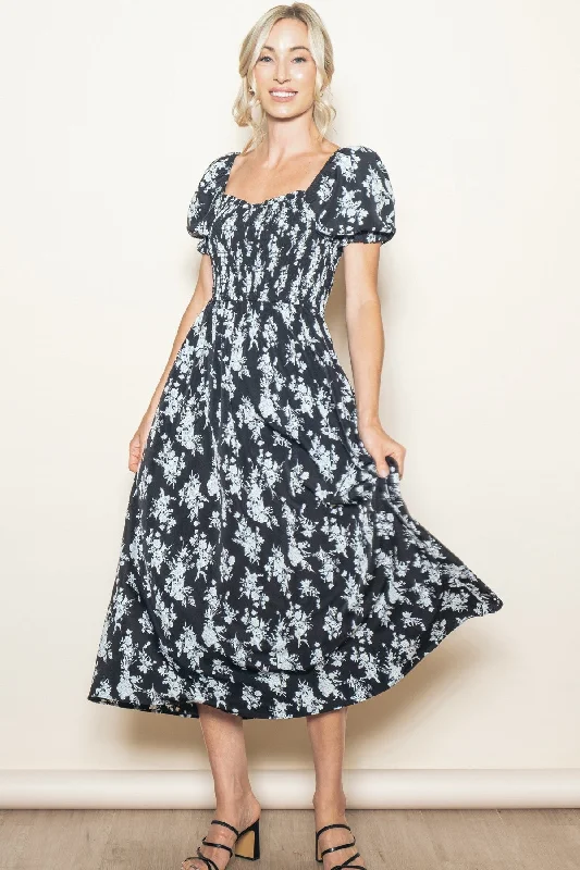 Black Floral Smocked Sweetheart Neckline Midi Dress Glamorous midi dresses