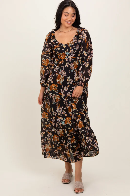 Black Floral V-Neck Long Sleeve Midi Dress Women's midi dresses