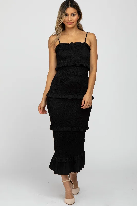 Black Satin Smocked Fitted Midi Dress Boohoo midi dresses