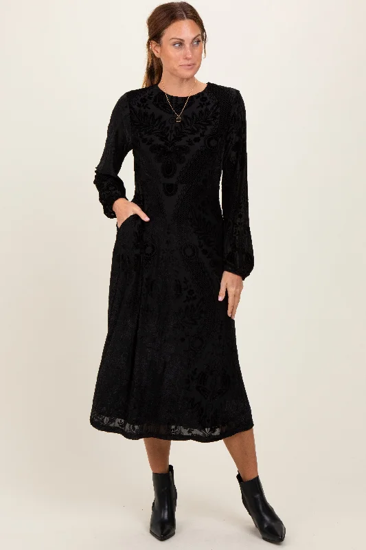 Black Velvet Damask Midi Dress Flattering midi dresses for all body types