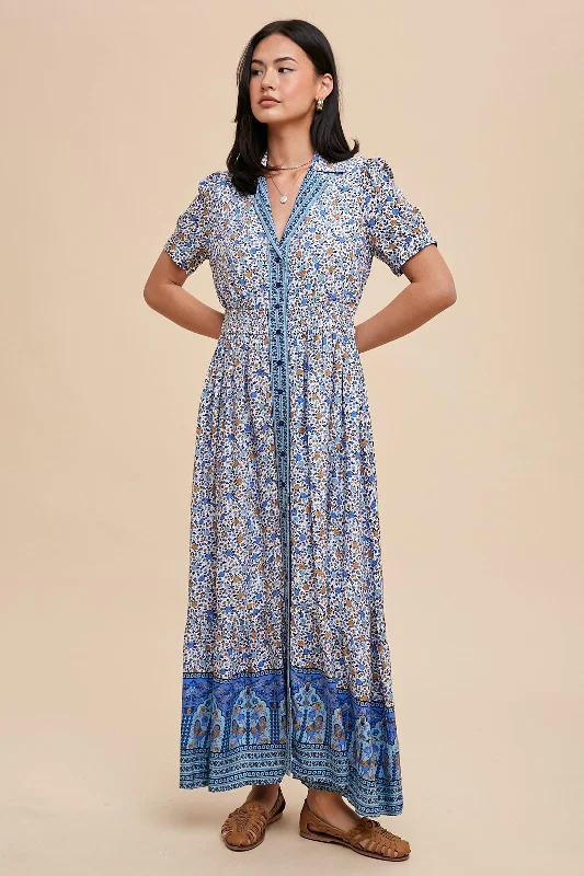 Blue Floral Button Up Midi Dress Discounted midi dresses