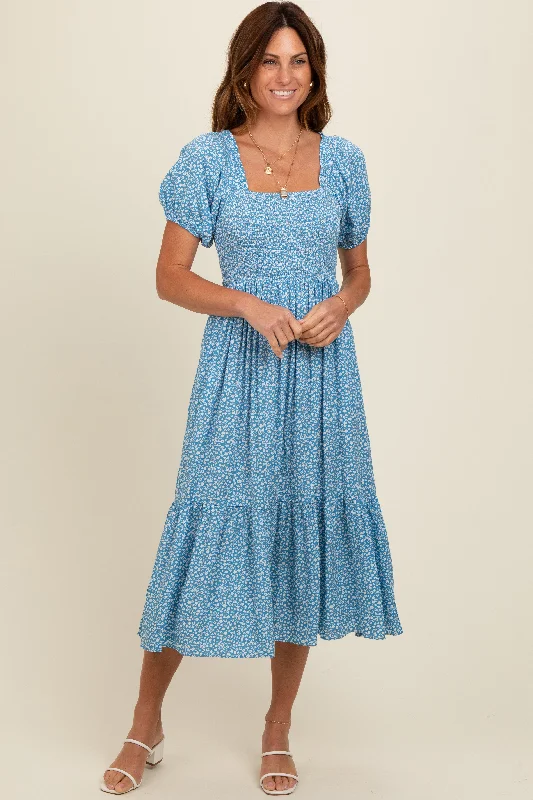 Blue Floral Smocked Ruffle Hem Midi Dress Cotton midi dresses