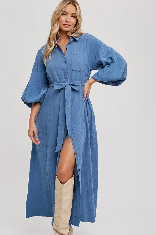 Blue Gauze Belted Shirt Midi Dress Edgy midi dresses